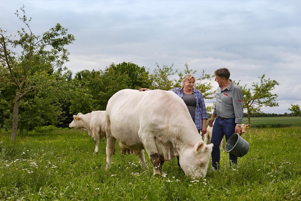 Zwei Landwirt:Innen auf einer Kuhweide