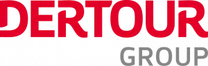 Logo der DERTOUR Group. Rote und graue Schrift vor neutralem Hintergrund