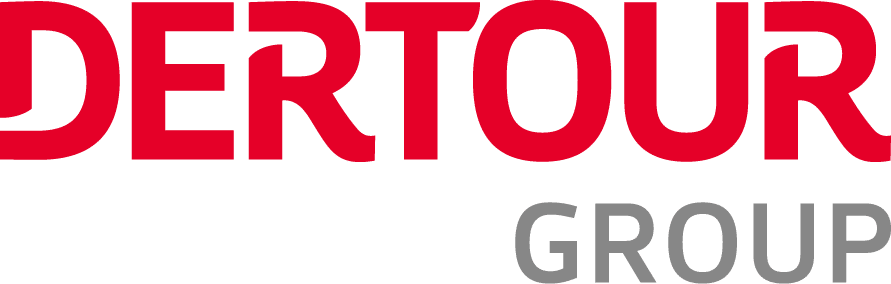 Logo der DERTOUR Group. Rote und graue Schrift vor neutralem Hintergrund