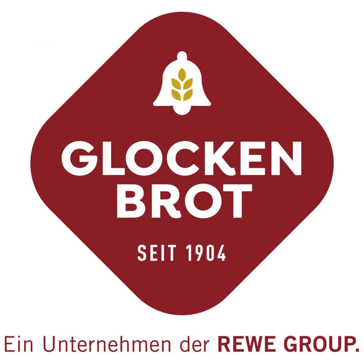 Rotes Viereck auf weißem Grund der das Logo von Glocken Brot darstellt. Der Schriftzug weißt auf das Jahr 1904 hin enthält den Satz: Ein Unternehmen der REWE Group.