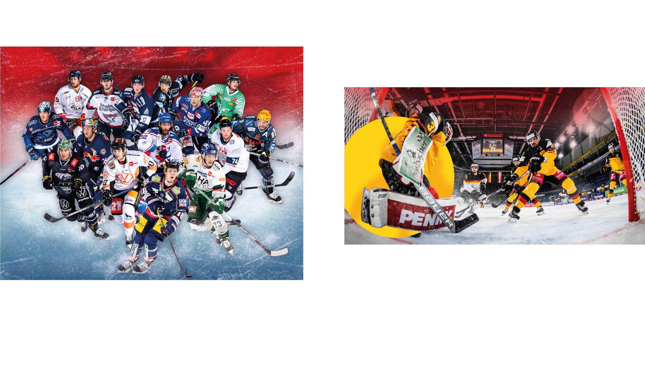 Zwei Fotos: links eine Aufstellung von Eishockey-Spielern in unterschiedlichen Trikots, rechts eine Spielszene