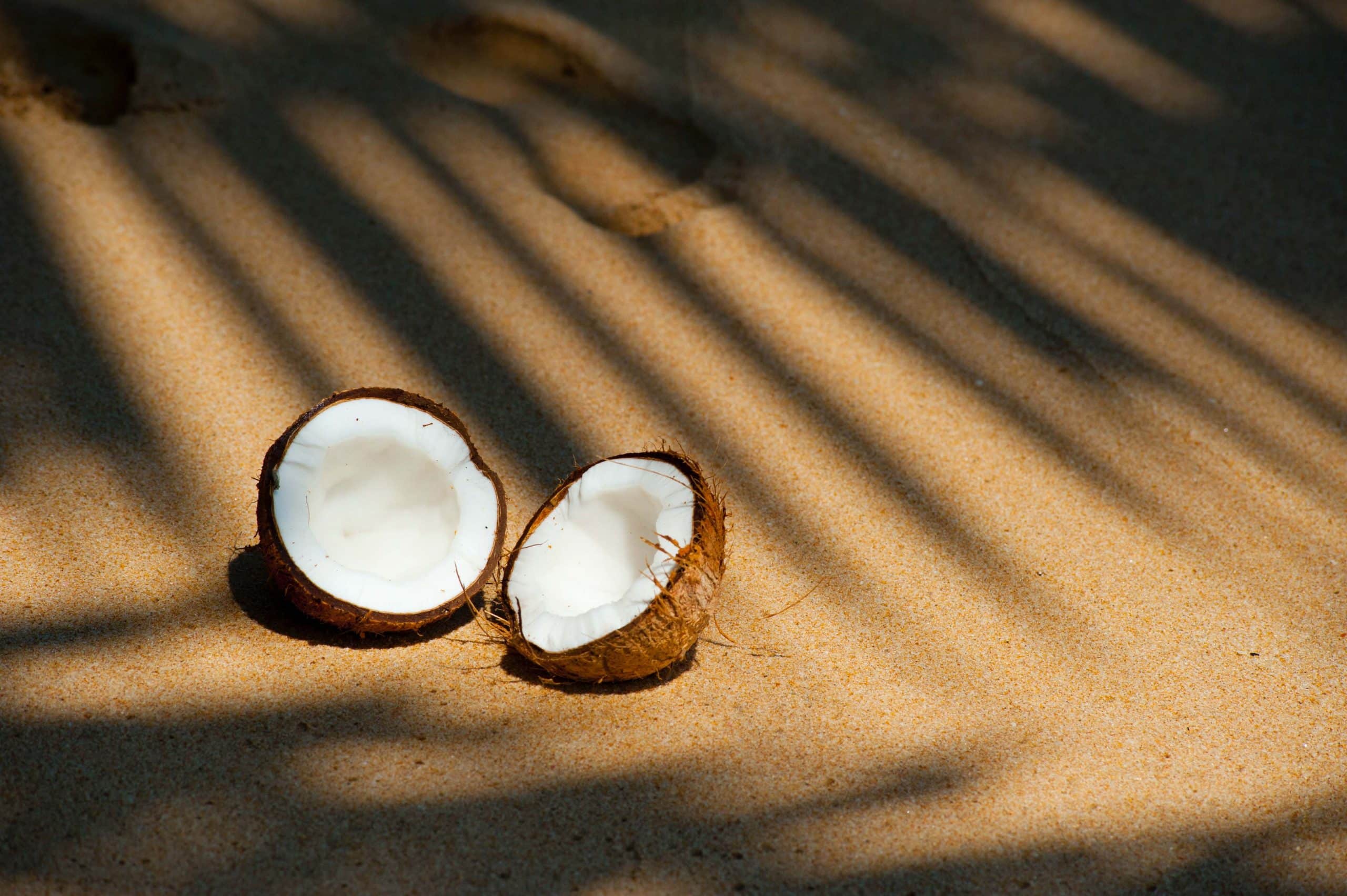 Eine geöffnete Kokosnuss liegt im Sand