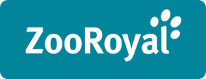 Weiße Schrift "Zoo Royal" auf blauem Hintergrund als Logo