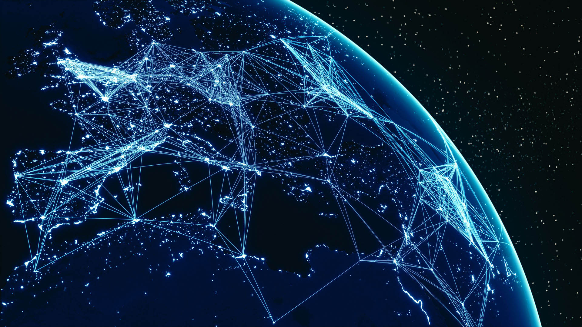 Eine Grafik einer Erde aus Weltraum-Perspektive, in der verschiedene Orte miteinander vernetzt sind