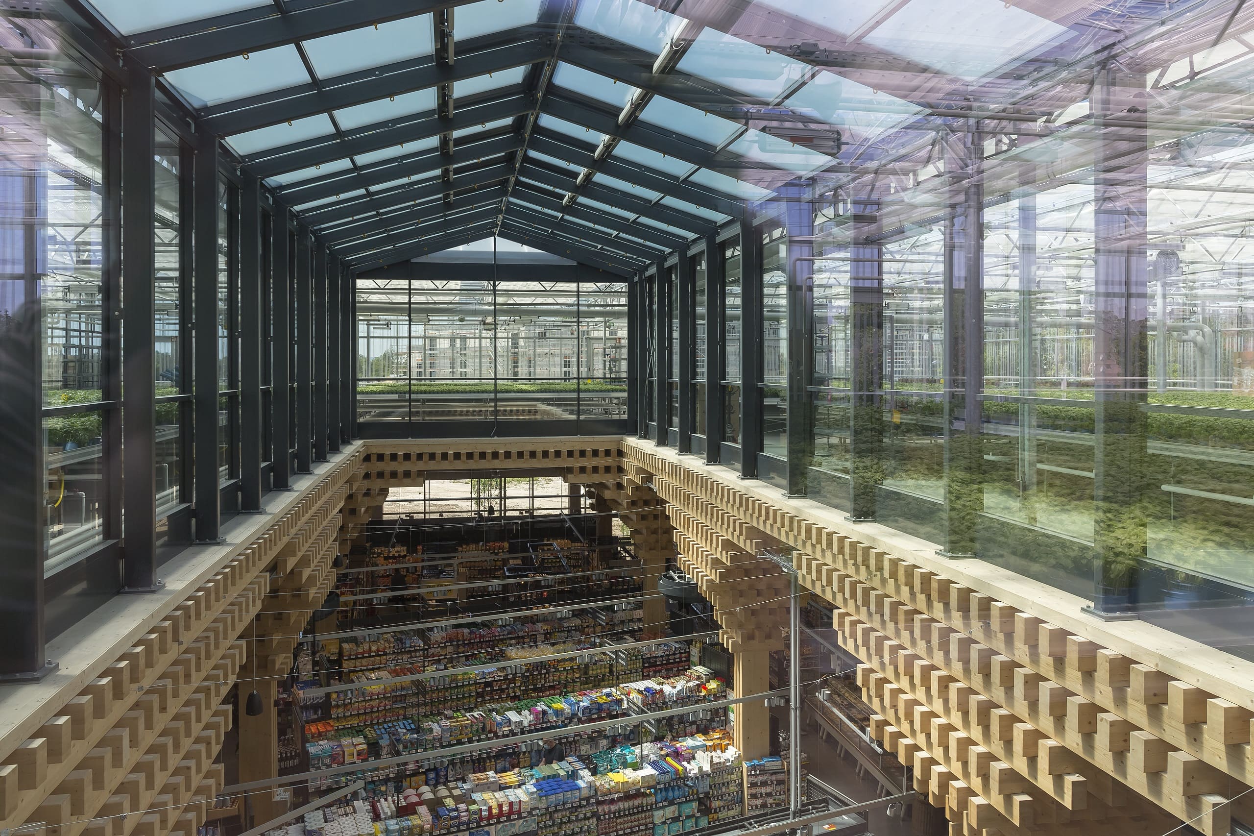 Gesamtansicht der REWE Markts und der Dachfarm.