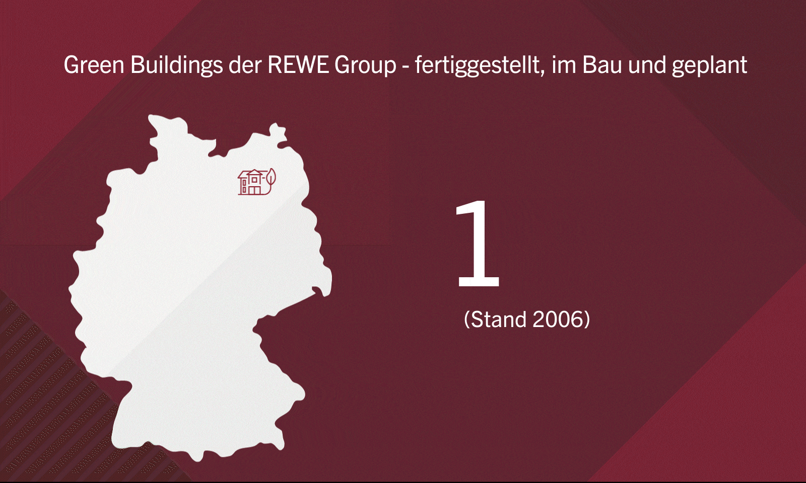 Eine Grafik einer Deutschlandkarte mit mehreren Green Buildings. Rechts daneben zählt eine Zahl von 1 bis 204 (Stand 2021) hoch