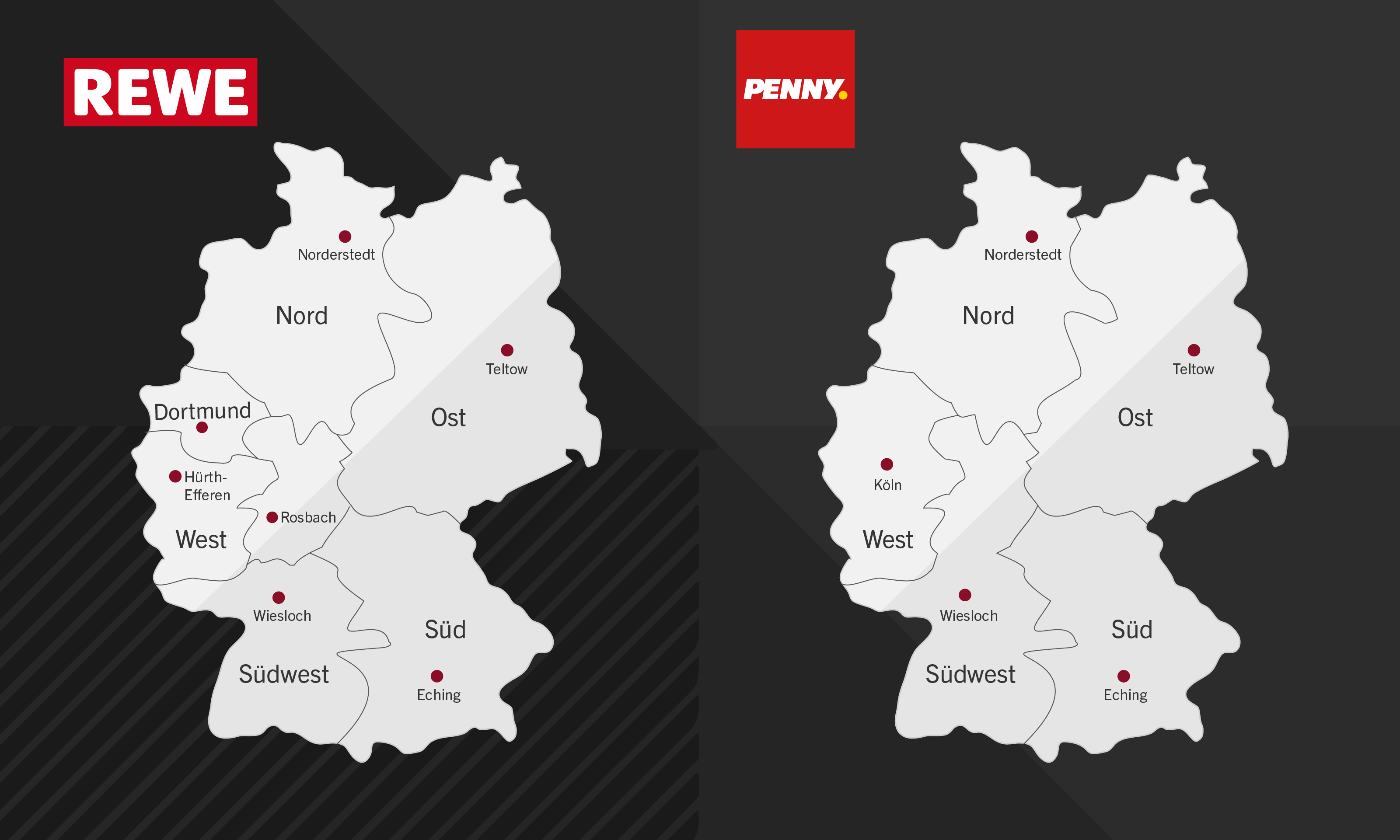 Eine Infografik auf der zwei Deutschlandkarten eingezeichnet sind. Links befinden sich die sieben REWE Regionen, rechts die fünf PENNY Regionen