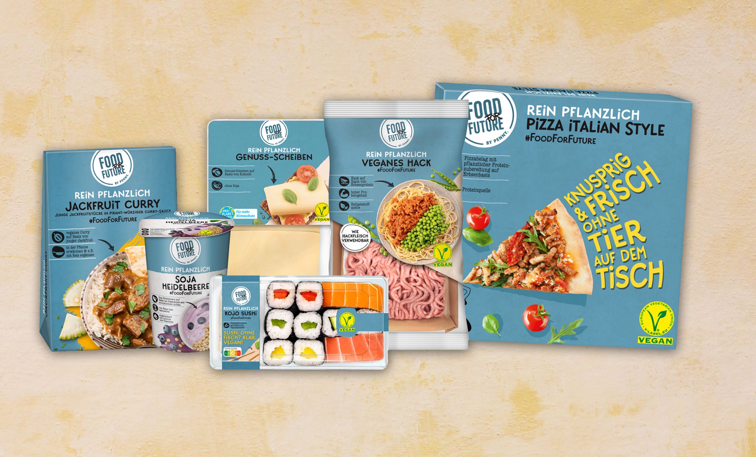 Ein Bild der PENNY Food for Future Produkpallette: Sushi, Jackfruit Curry, Käse, Soja Joghurt, Veganes Hack, Pizza italian style