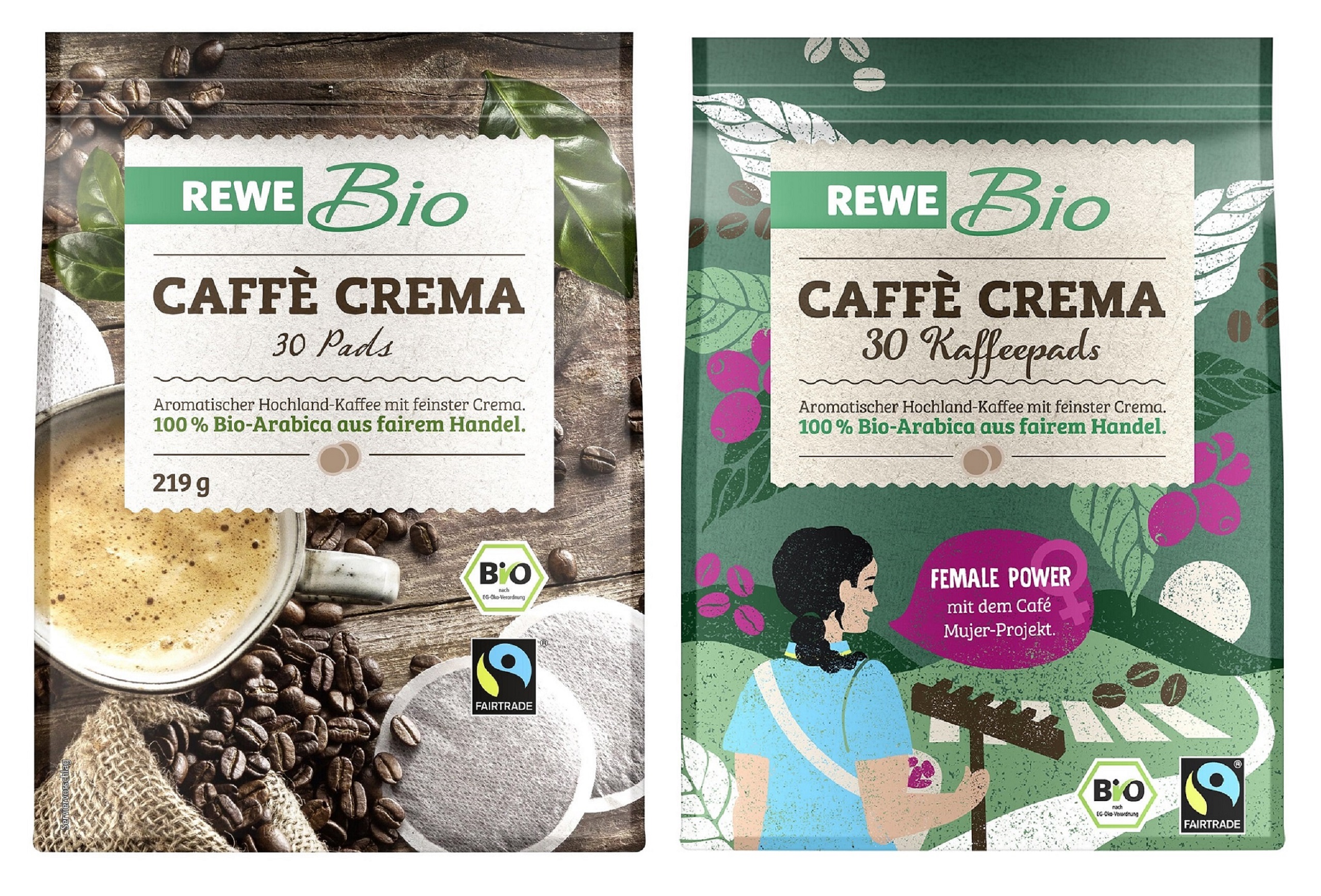Abbildungen der alten und neuen REWE Caffé Crema Pads im Fairtrade-Design.
