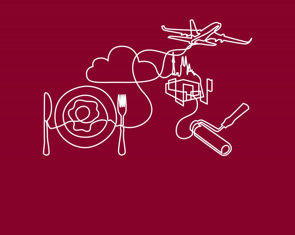 Grafische Darstellung eines Tellers, des Kölner Doms und eines Flugzeugs als Symbole für die Handlungsfelder der REWE Group.