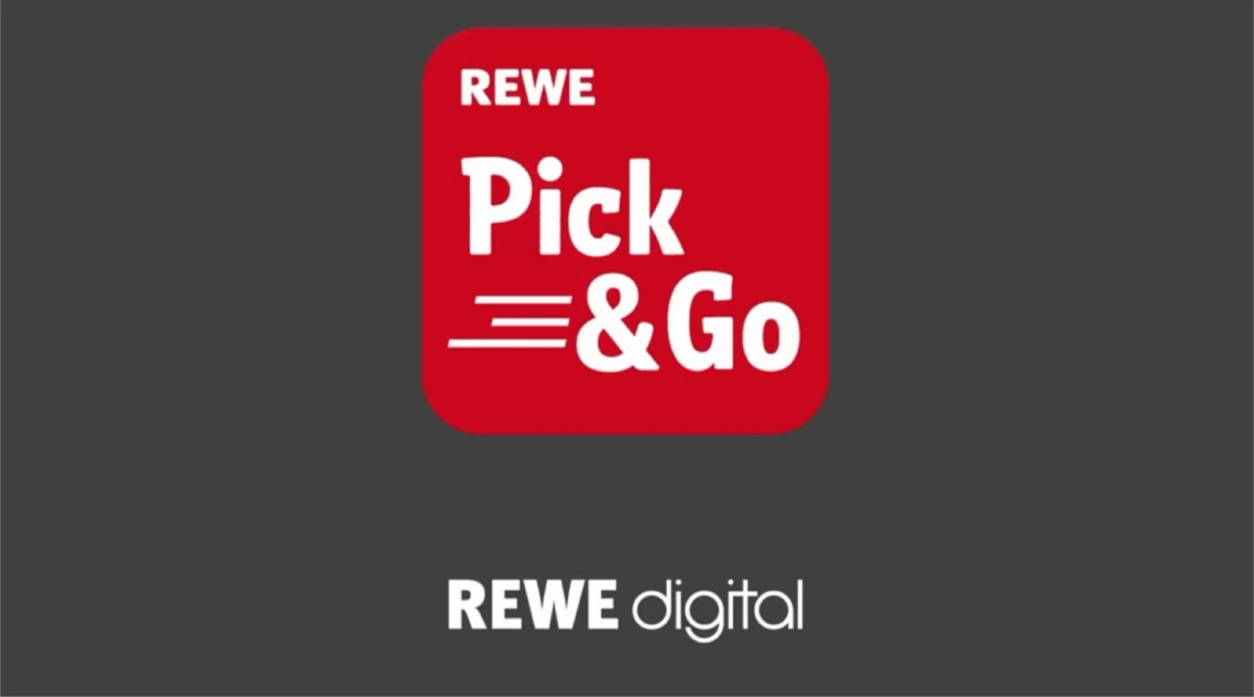 Das Bild zeigt das Logo der Pick&Go App in Verbindung mit dem REWE digital Logo als Startbild für ein Video.