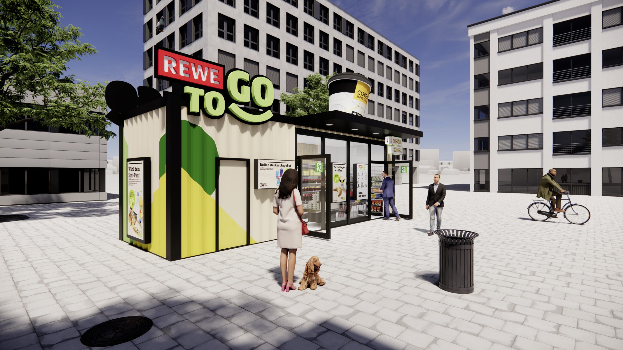 Digitales Bild von einem kassenlosen REWE To Go Geschäft mit Kunden.