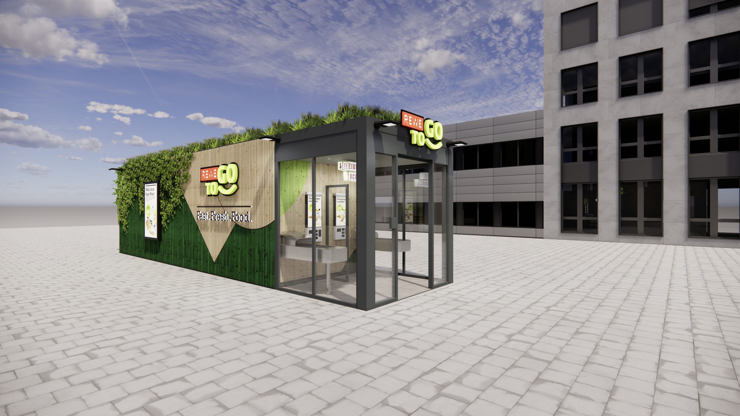 Digitales Bild von einem kassenlosen REWE To Go Geschäft.