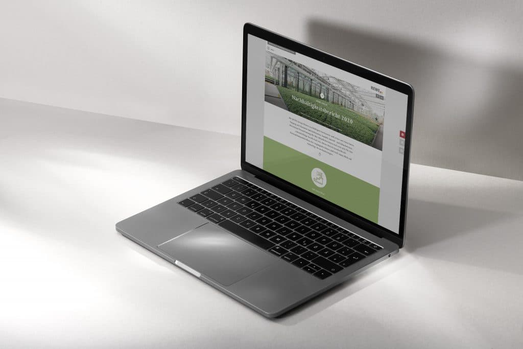 Laptop mit Nachhaltigkeitsbericht der REWE GROUP 2020