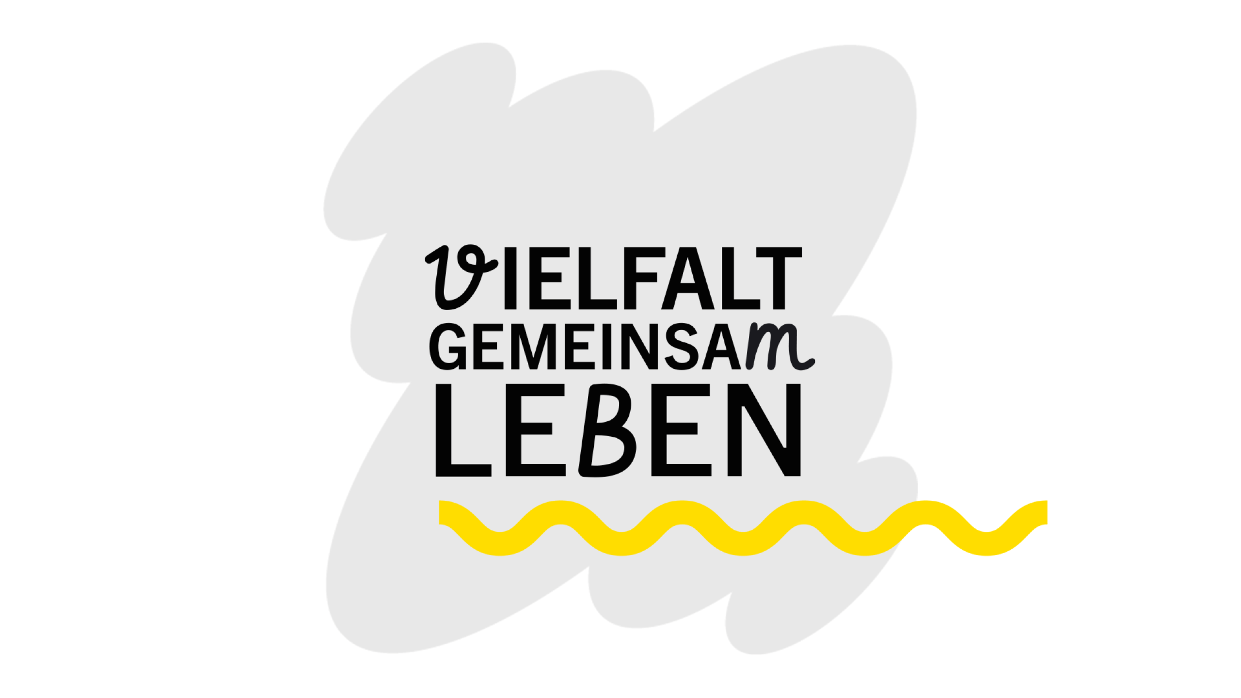 Schriftzug "Vielfalt gemeinsam leben" auf grauem Hintergrund und gelb unterstrichen.