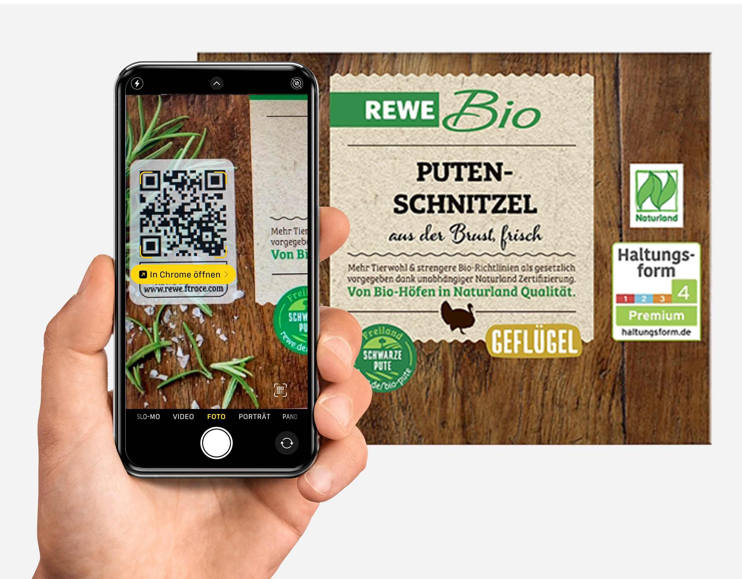 Handydisplay mit REWE App um Lebensmittelherkunft zu ermitteln.