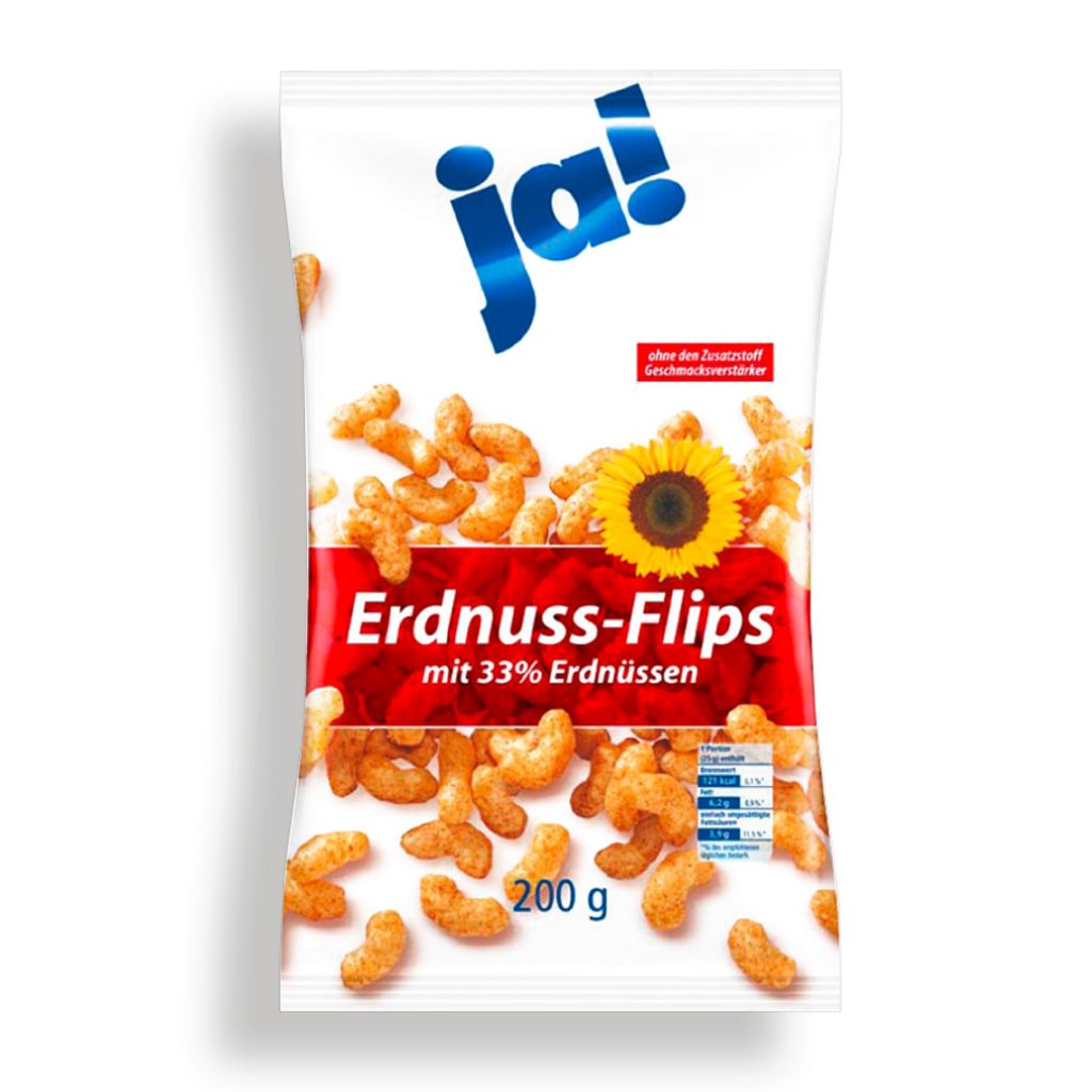 Eine ältere Version der ja! Erdnuss-Flips-Packung.