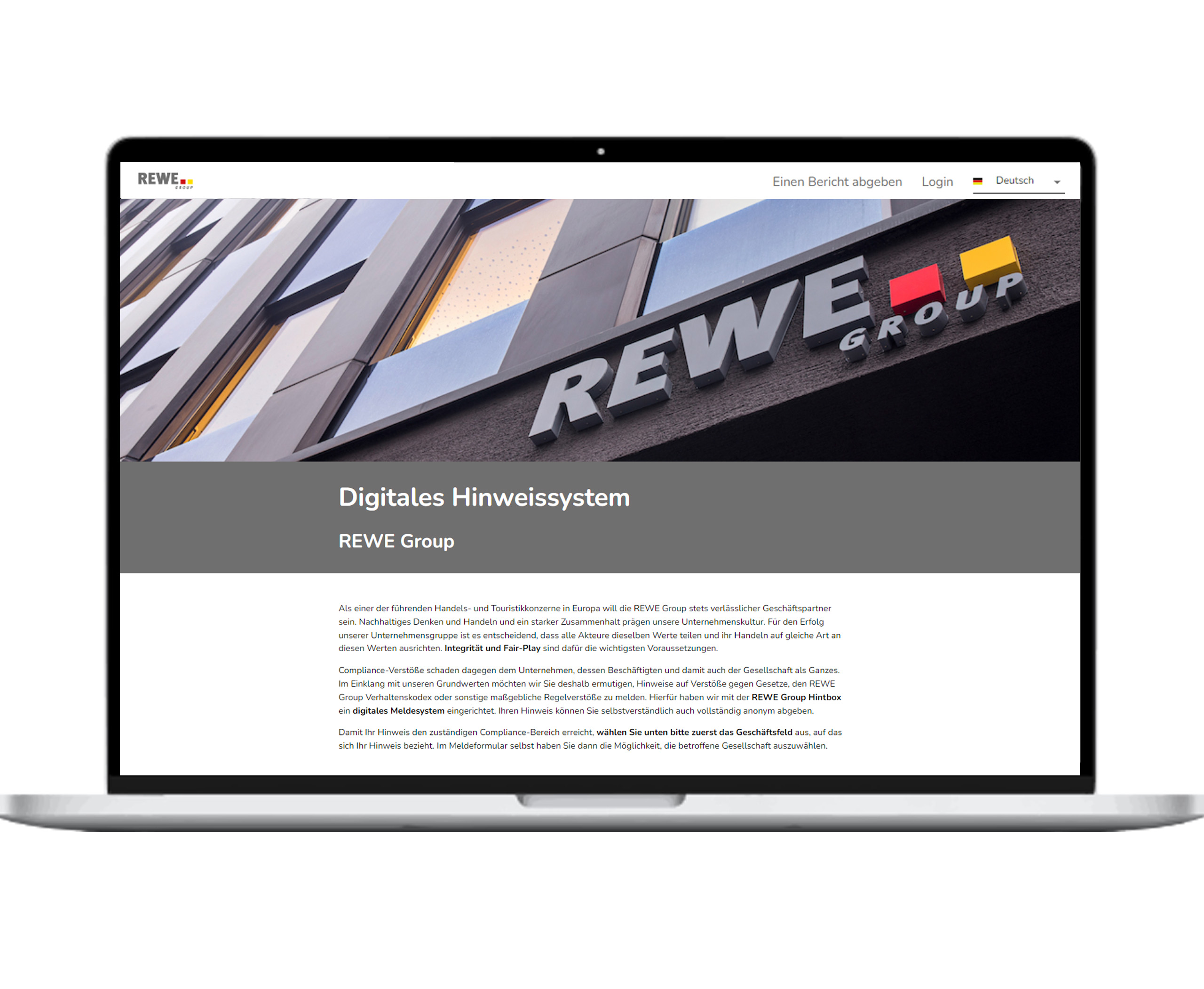 Ein Mock up eines Laptops mit der aufgerufenen Hintbox-Seite der REWE Group