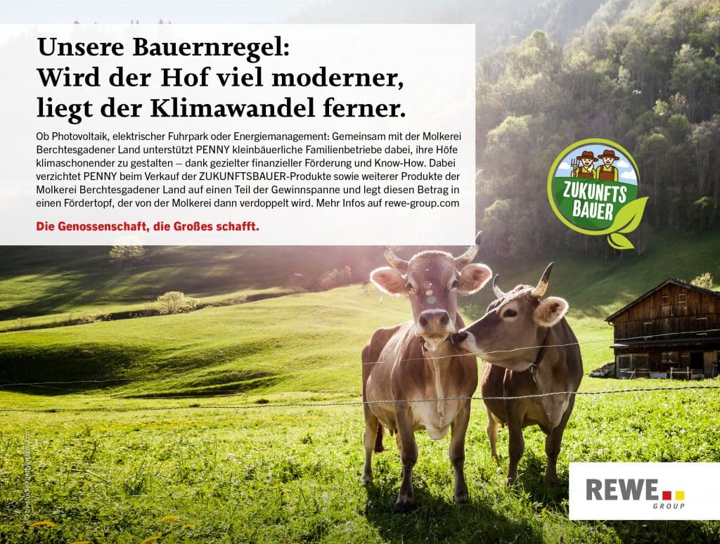 Zwei Kühe auf einer Weide, im Hintergrund ist eine Alm zusehen. Vorne rechts: das Logo des Zukunftbauern. Die Textüberschrift ist: 
