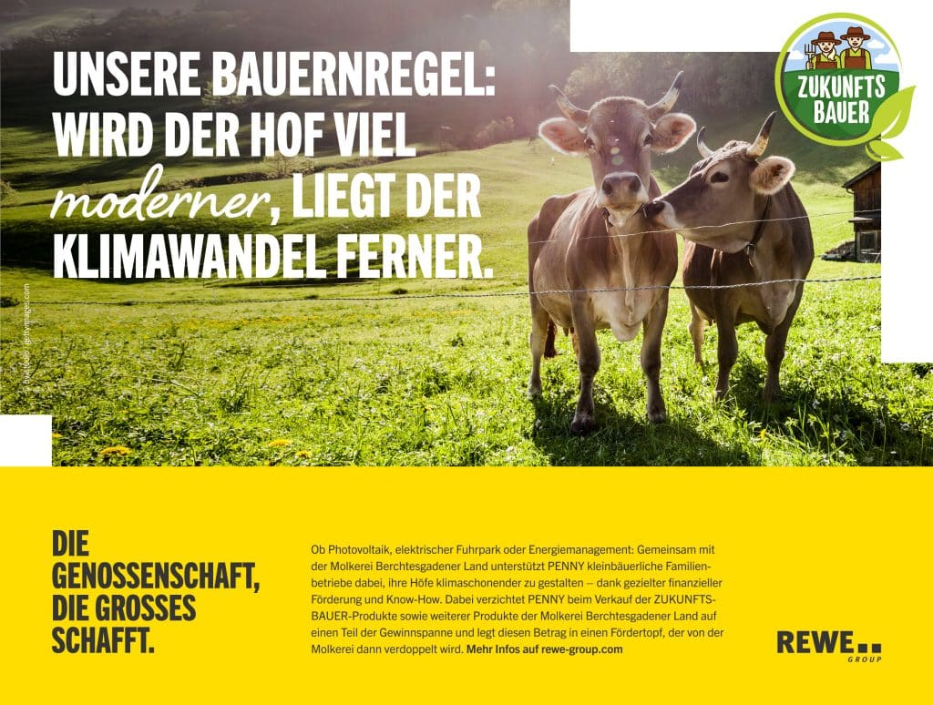 Zwei Kühe auf einer Weide, im Hintergrund ist eine Alm zusehen. Vorne rechts: das Logo des Zukunftbauern. Die Textüberschrift ist: 