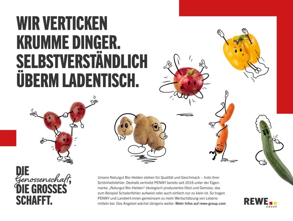Im Comicstil humanisiertes Gemüse mit dem Schriftzug 