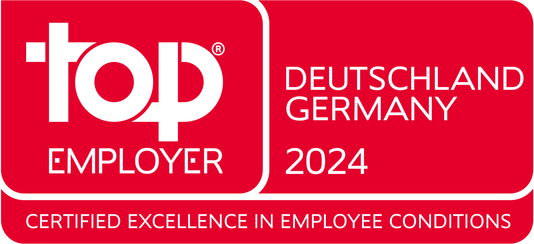 Logo von Top Employer Germany 2024. Weiße Schrift vor rotem Hintergrund.
