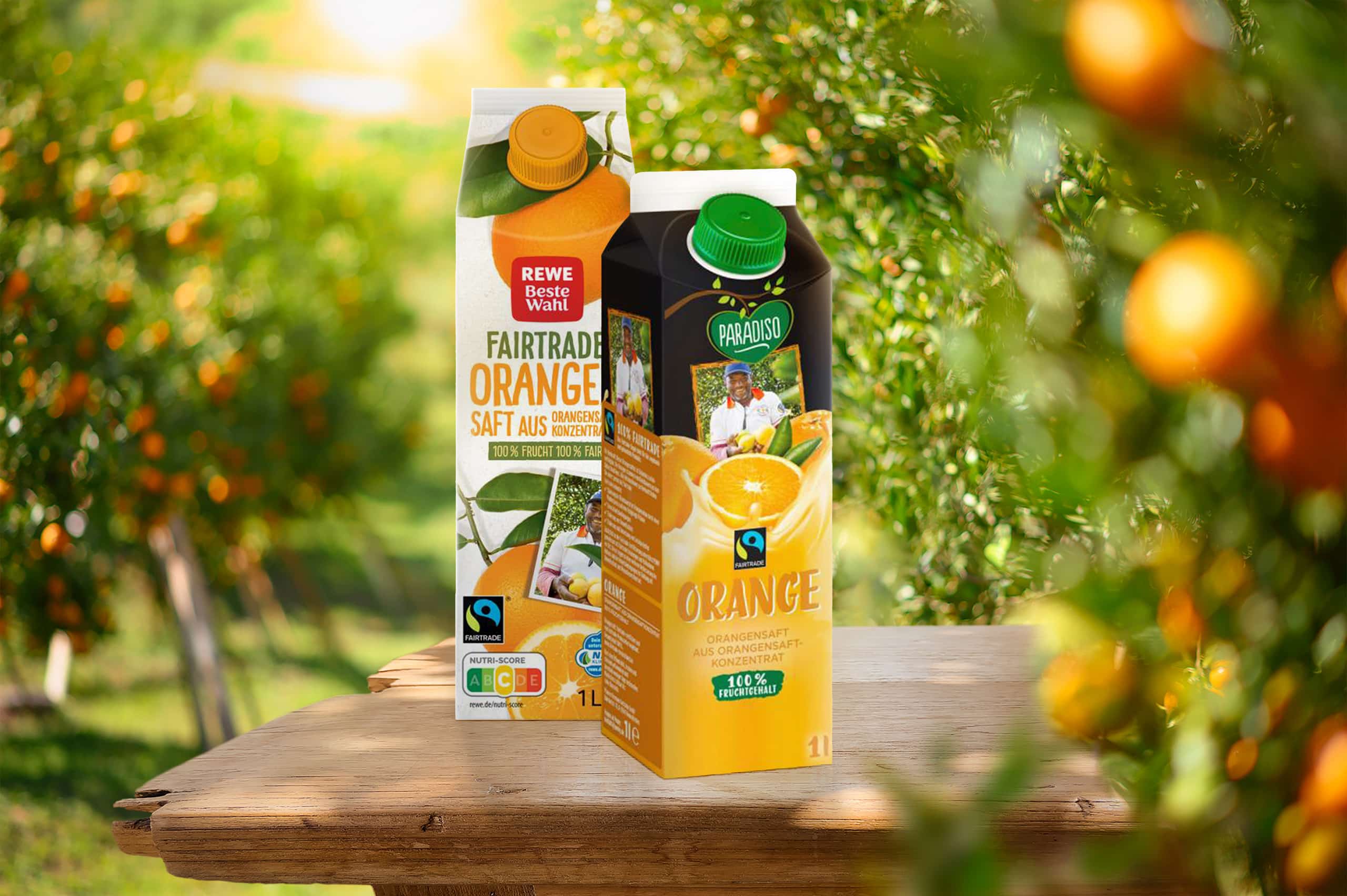 REWE and PENNY orange juice packaging in front of Orangenhein