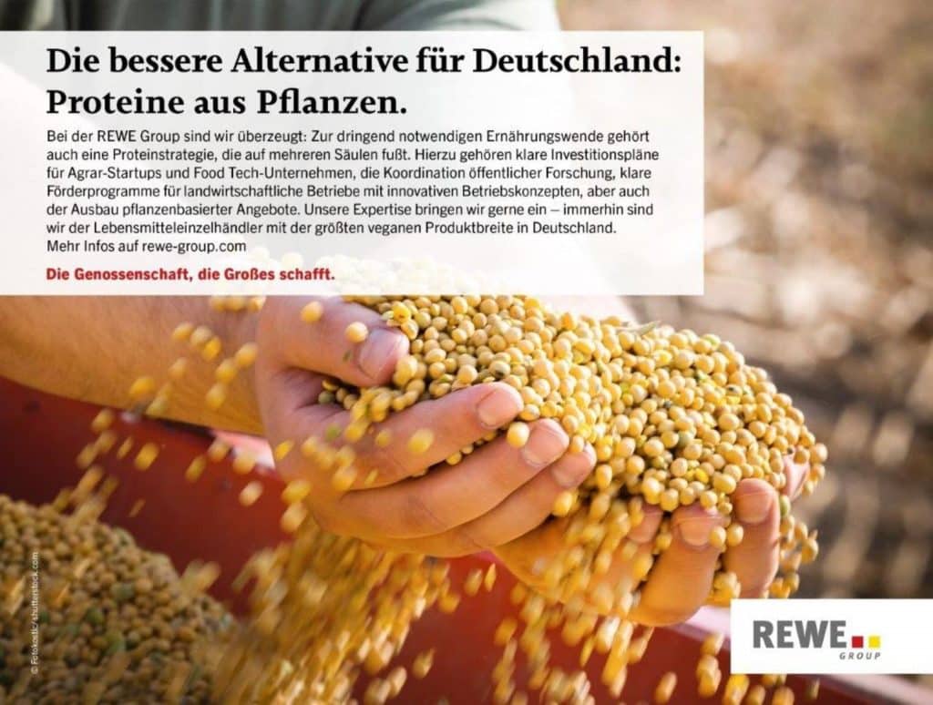 Ein Mensch hält Getreidekörner in den Händen. Textfeld über die Ernährungswende bei der REWE Group.