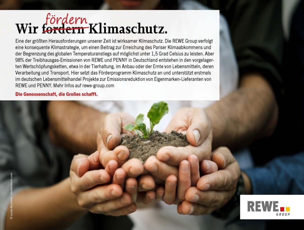 3 Händepaare, die gemeinsam einen Setzling in Erde halten. Ein Textfeld über Klimaschutz bei der REWE Group.