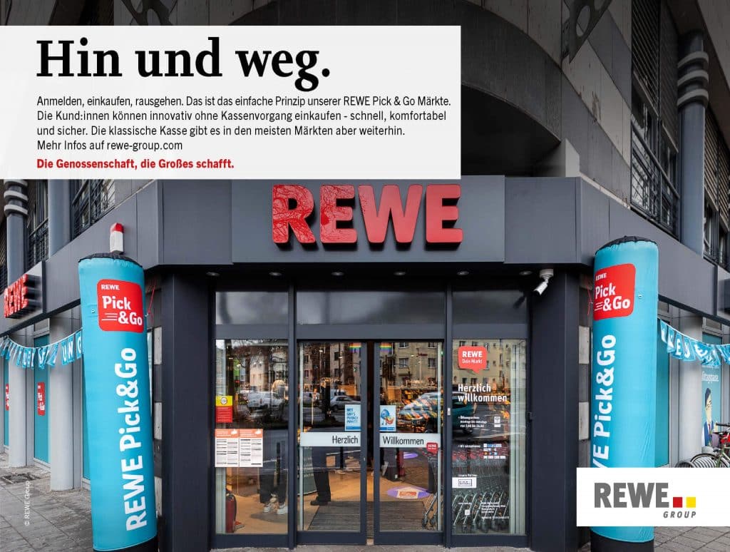 Der Eingang einer REWE Pick & Go Filiale.