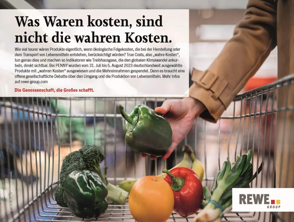 Ein Einkaufswagen mit Gemüse und Obst. Ein Textfeld mit Information zu der Kampagne 