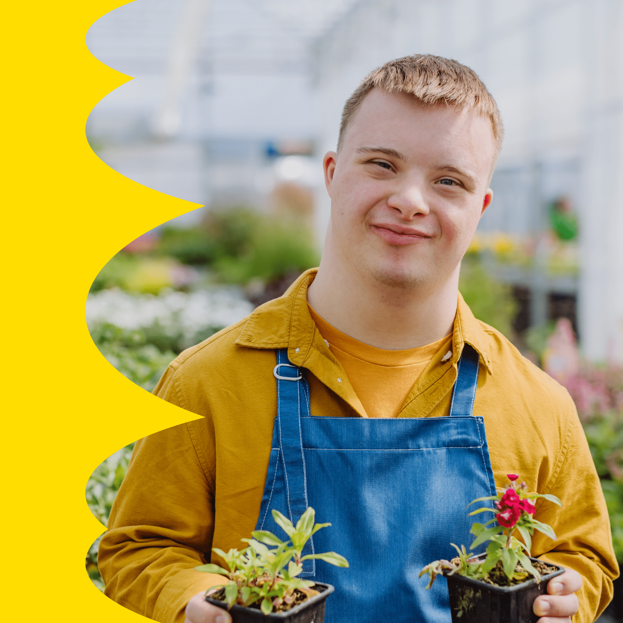 Junger Mitarbeiter mit Down-Syndrom kümmert sich um Blumen im Gartencenter.