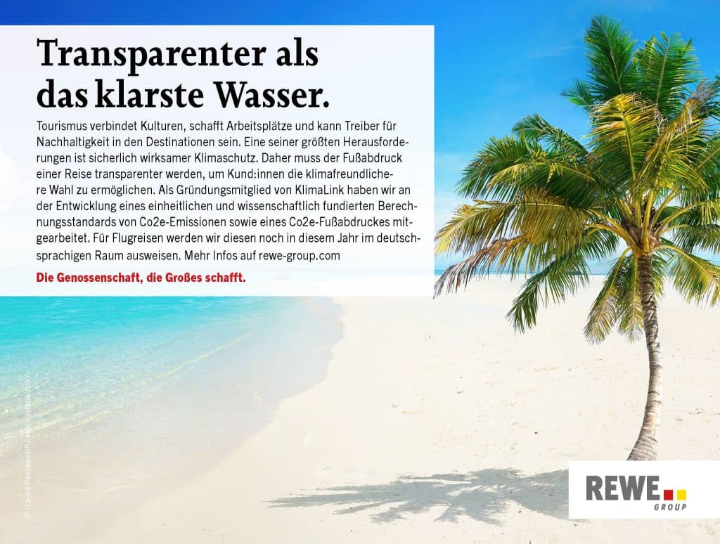 Bild einer Palme auf weißem Sandstrand und blauem Meer. Textfeld mit Informationen zu Nachhaltigkeit im Tourismus.