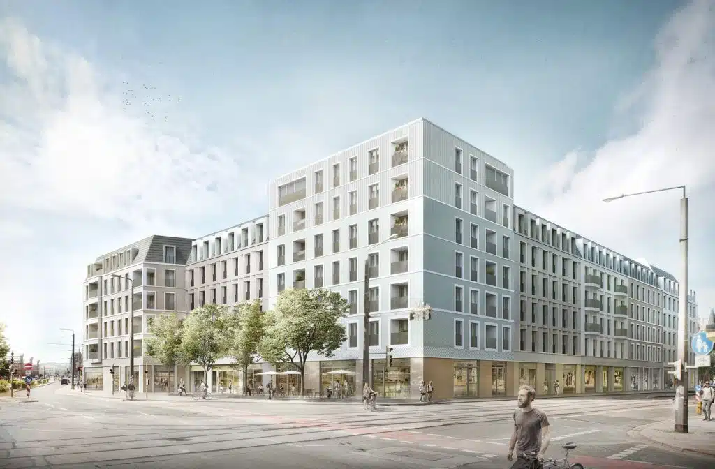 Visualisierung der Außenansicht eines Gebäudekomplexes mit Verkaufsfläche im Erdgeschoss.