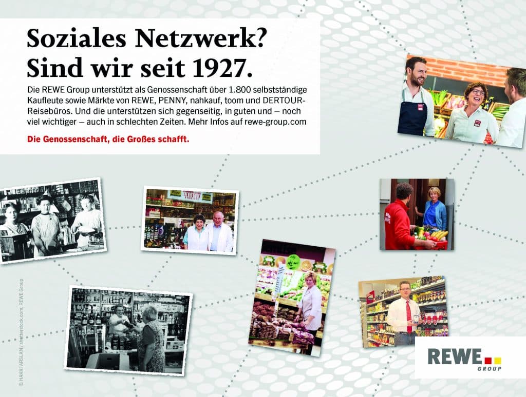 Eine Grafik über die REWE Group als Genossenschaft. Ein Textfeld über gegenseitige Unterstützung der REWE Group und den Kaufleuten & Märkten.