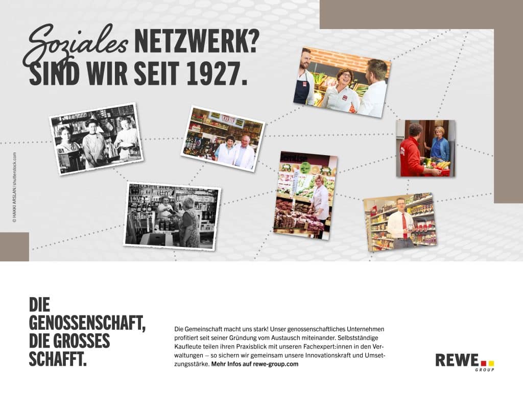 Eine Grafik über die REWE Group als Genossenschaft. Ein Textfeld über gegenseitige Unterstützung der REWE Group und den Kaufleuten & Märkten.