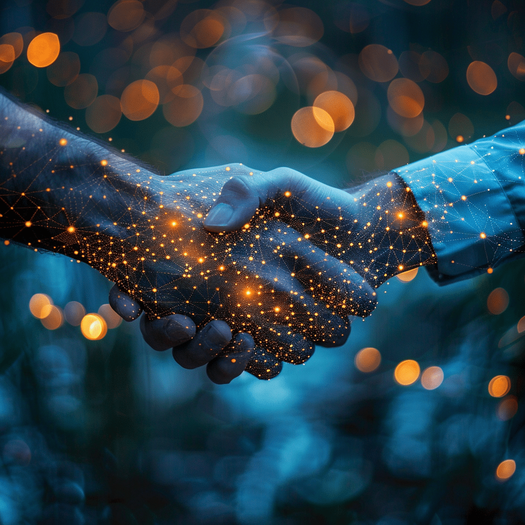 An AI-generated image of two people shaking hands while connected to each other via digital links.