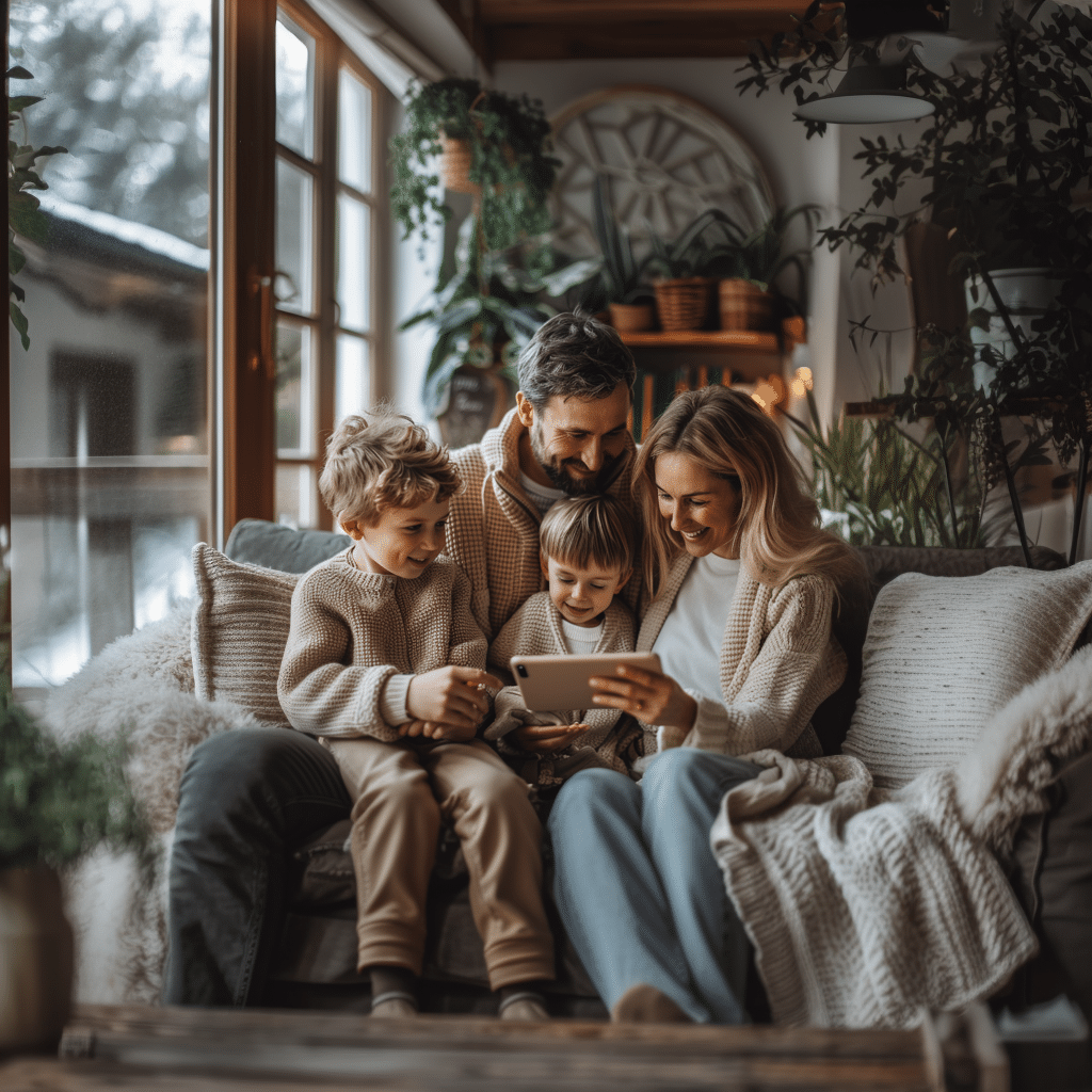 An AI-generated image of a family. A mother, father, and two young children are sitting on a sofa, looking at a tablet together.