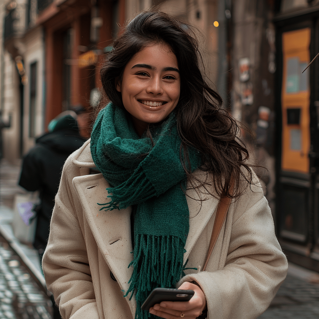 An AI-generated image of a young woman on the street holding a smartphone.