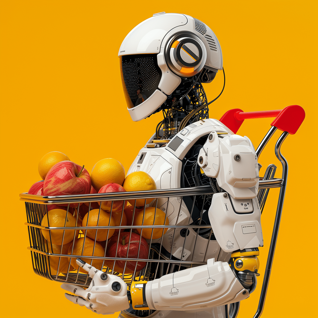 An AI-generated image of a shopping cart filled with fruit and enclosing a robot.