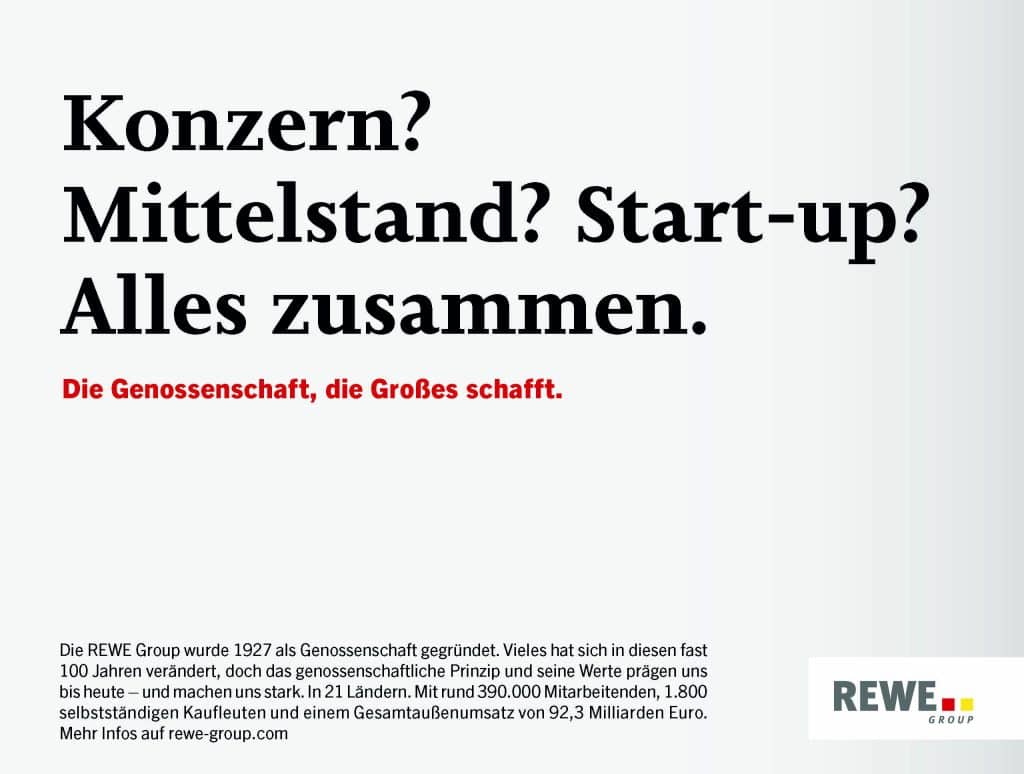 Kampagne zur genossenschaftlichen Struktur der REWE Group. Konzern, Mitteltand oder Start-up? Die REWE Group ist alles zusammen.