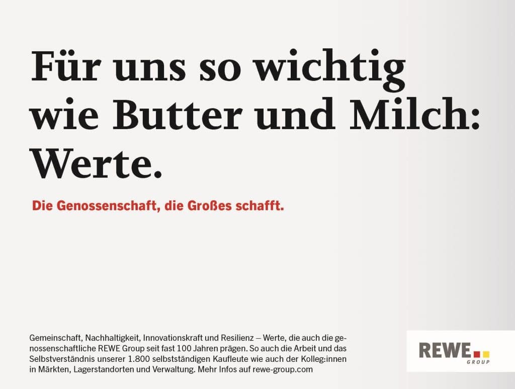 Eine Infografik zu den Werten der genossenschaftlichen REWE Group.