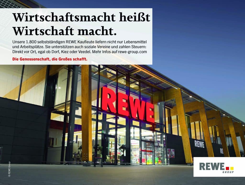 Ein Bild eines REWE Marktes und ein Textfeld mit dem Titel 