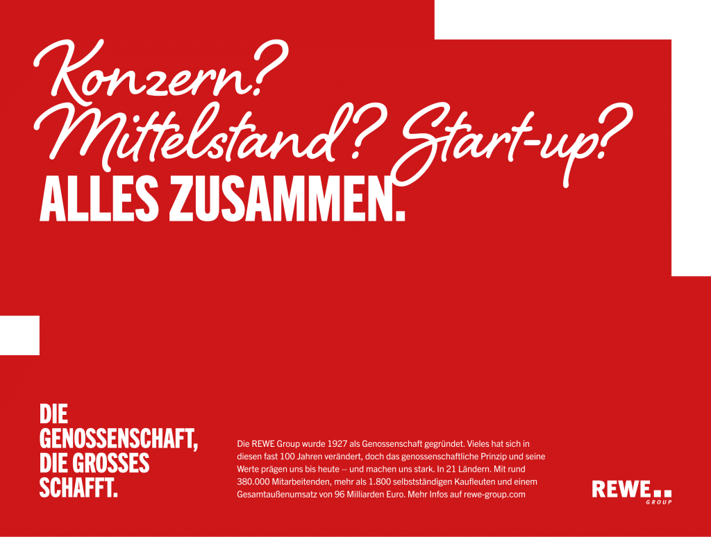 Kampagne zur genossenschaftlichen Struktur der REWE Group. Konzern, Mitteltand oder Start-up? Die REWE Group ist alles zusammen.
