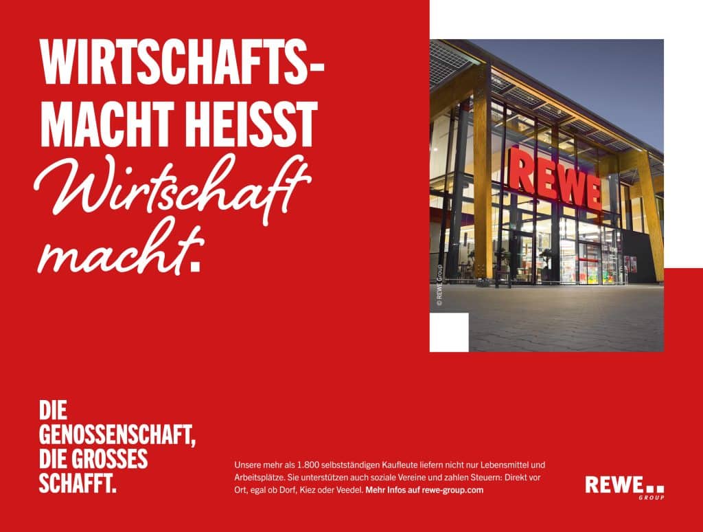Ein Bild eines REWE Marktes und ein Textfeld mit dem Titel 