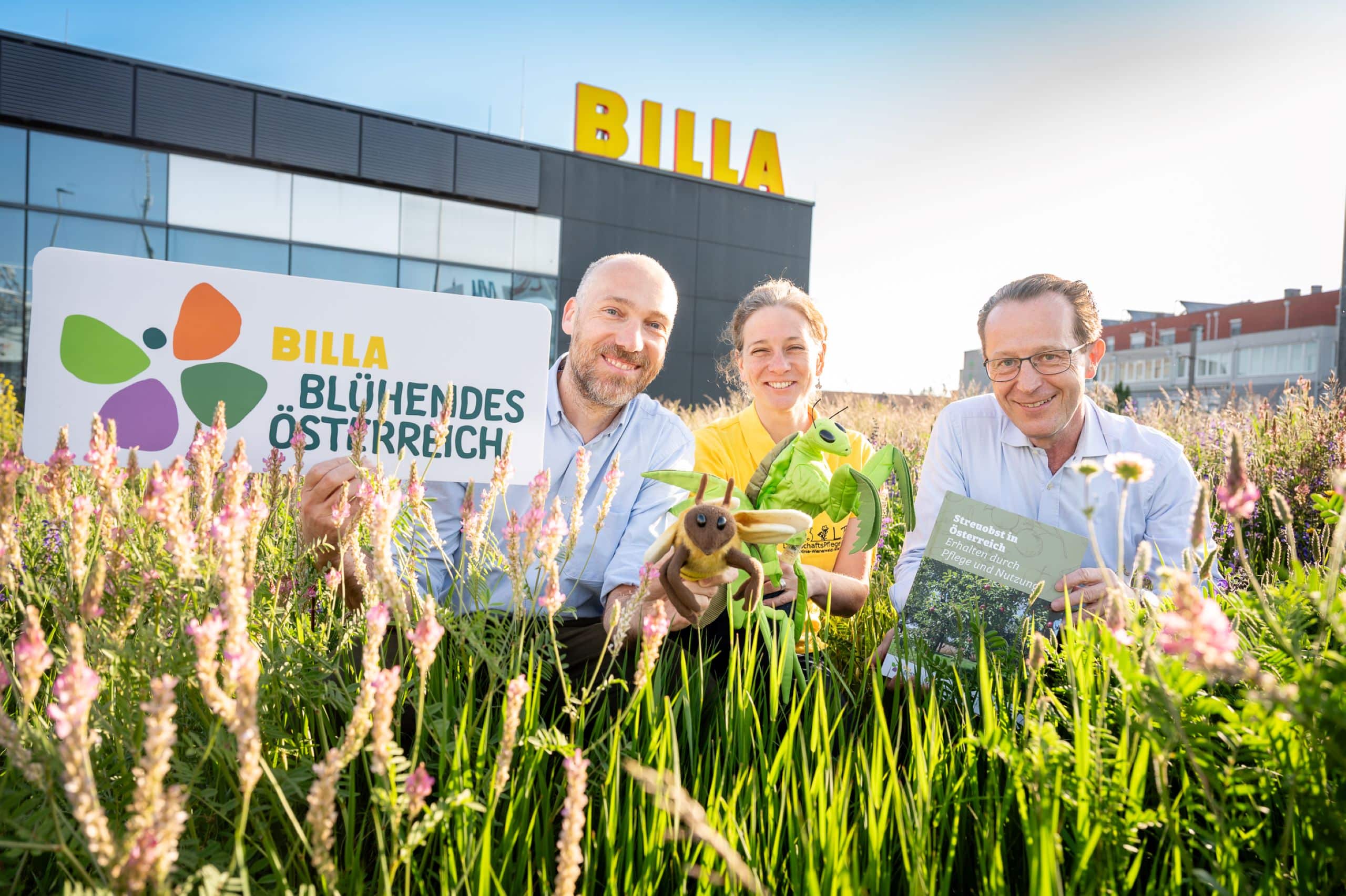 Two men and a woman are sitting in a flowering meadow. A BILLA supermarket can be seen in the background.