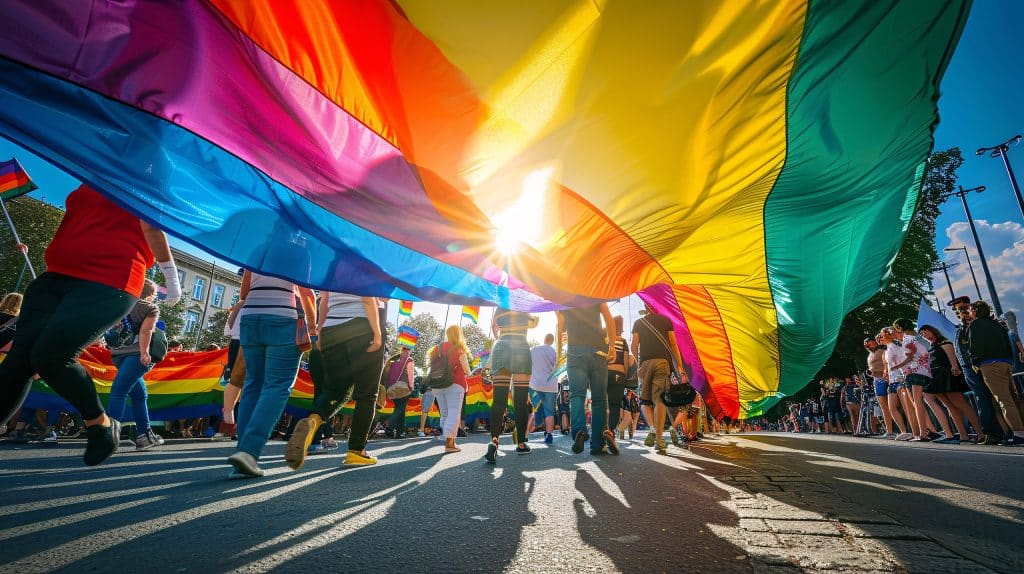 Menschen laufen bei einer Parade mit einer großen Regenbogenflagge über die Straße.
