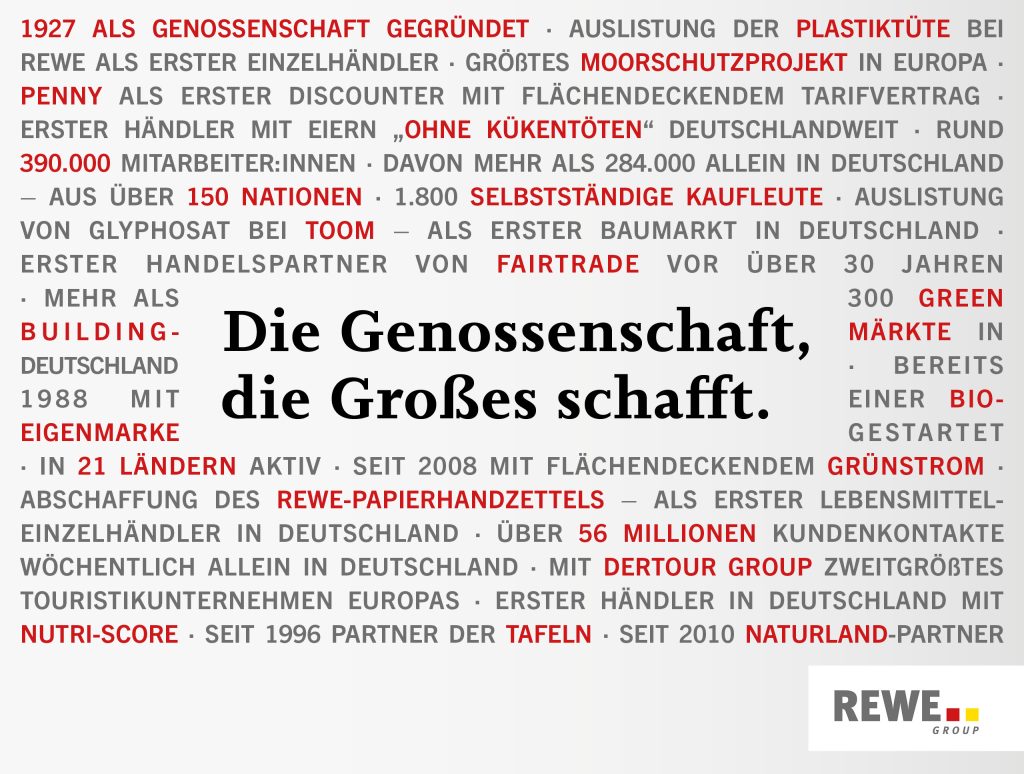 Infografik über die REWE Group als Genossenschaft, In der Mitte der Slogan 