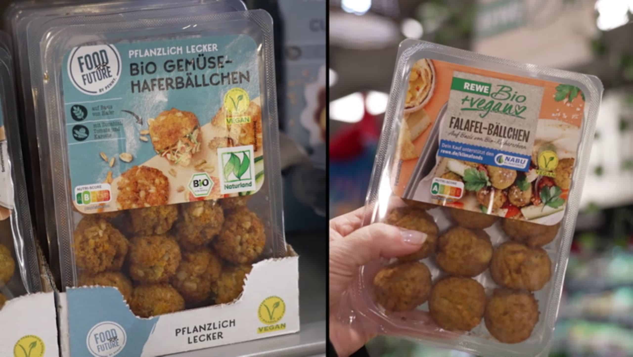 A pack of organic vegetable oat balls from Penny's own brand "Food for Future" next to a pack of falafel balls from REWE's own brand "REWE Bio + vegan"