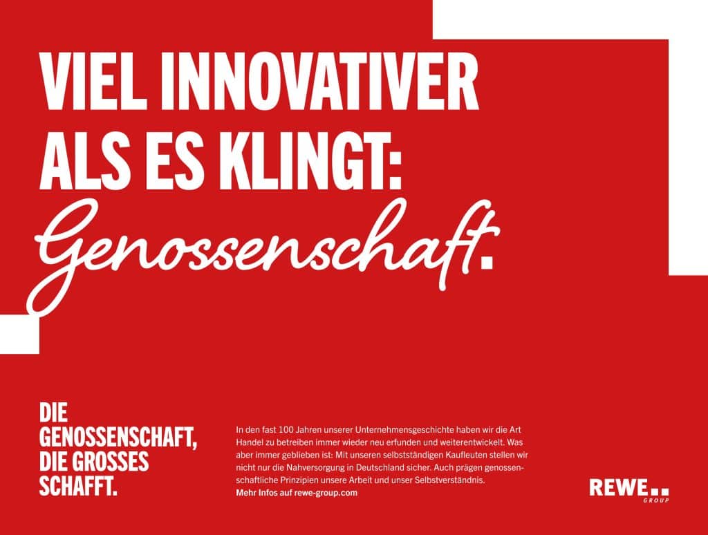 Eine Infografik zu der REWE Group als Genossenschaft mit dem Schriftzug 
